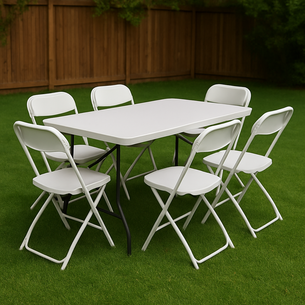 White folding chairs around a table setup on grass