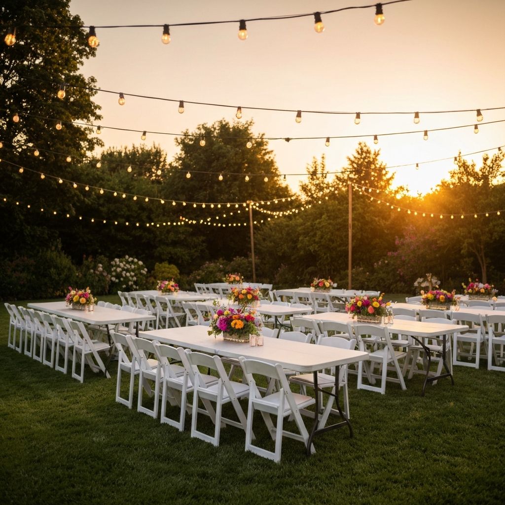 Outdoor event setup with white tables and chairs under string lights at sunset