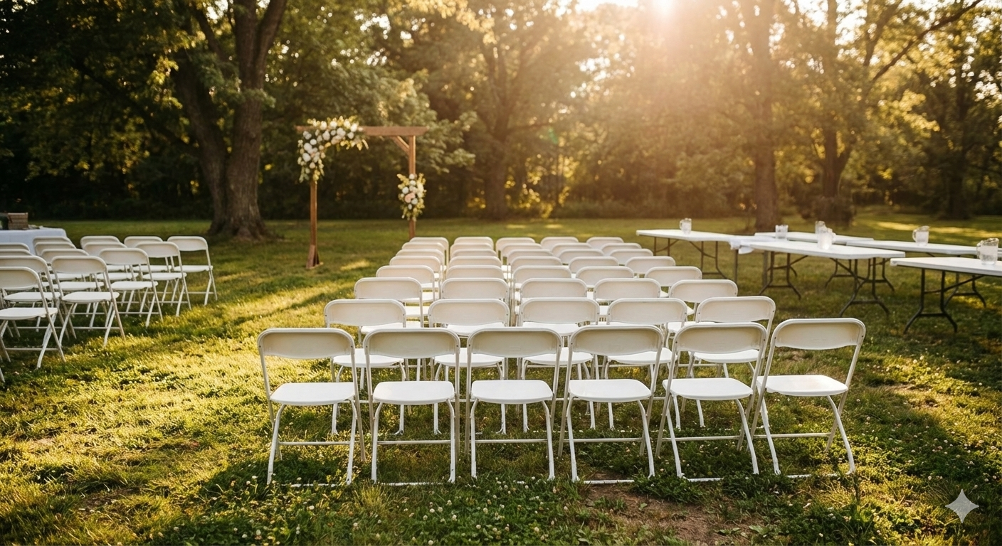 White folding chairs arranged in a garden